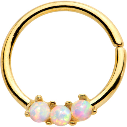 White Synthetic Opal Trio Gold IP Annealed Seamless Circular Ring