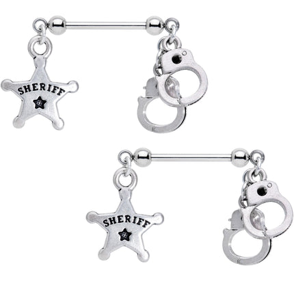 Handcrafted Sheriff Badge and Cuffs Dangle Nipple Ring Set