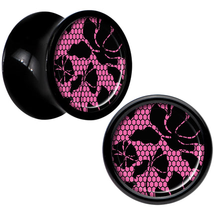 Black Acrylic Pink Floral Lace Saddle Plug Set 0G