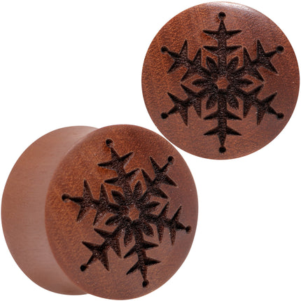 Organic Sawo Wood Holiday Winter Snowflake Saddle Plug Set Sizes 8mm to 25mm