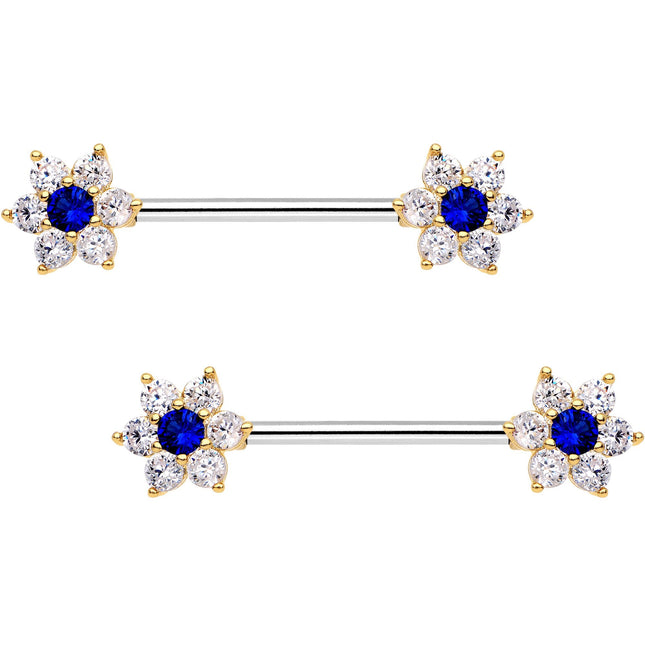 9/16 Blue CZ Gem Shimmering Flower Petal Barbell Nipple Ring Set