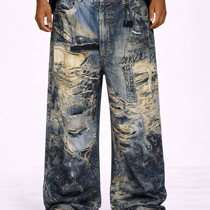WIDEBOY DISTRESSED GRAFFITI DENIM