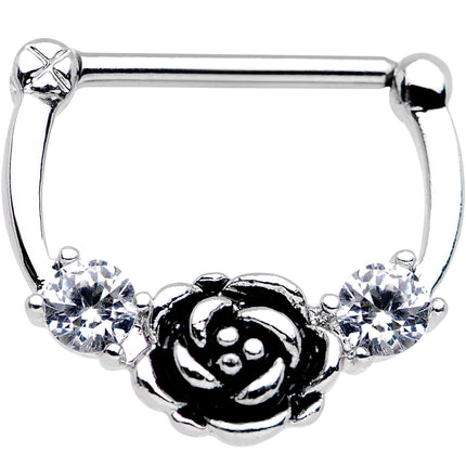 14G 9/16 Clear Gem Kissed Rose Flower Nipple Clicker Set