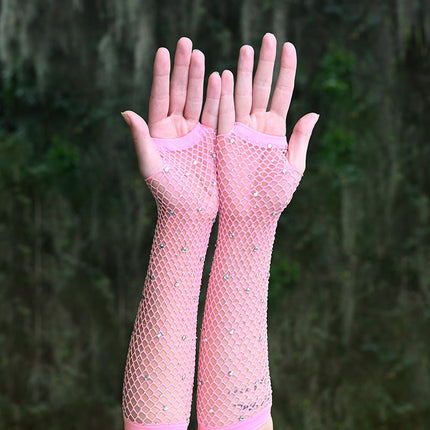 Pink Rhinestone Fingerless Gloves