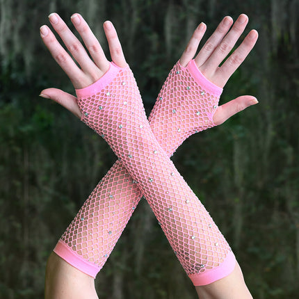 Pink Rhinestone Fingerless Gloves