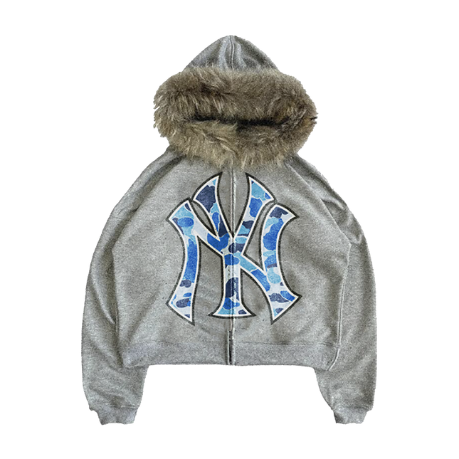 Blue Fur Trim Zip Up Hoodie Unisex Cropped Streetwear Sweatshirt 400 GSM Cotton Limited Edition
