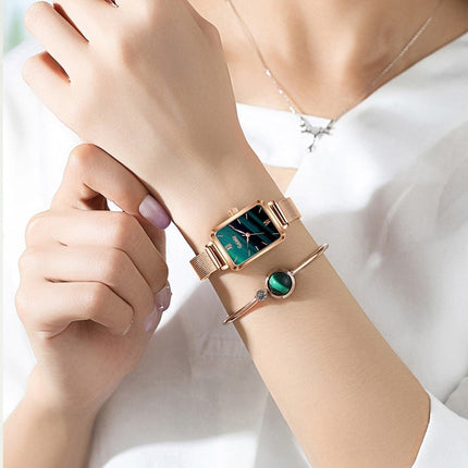 Women Watches Fashion Square Ladies Quartz Watch Bracelet Set Green Dial Mesh Watches
