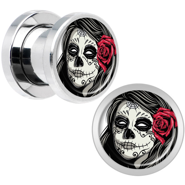 Katrina Sugar Skull with Rose Flower Steel Screw Fit Plug Set 0G
