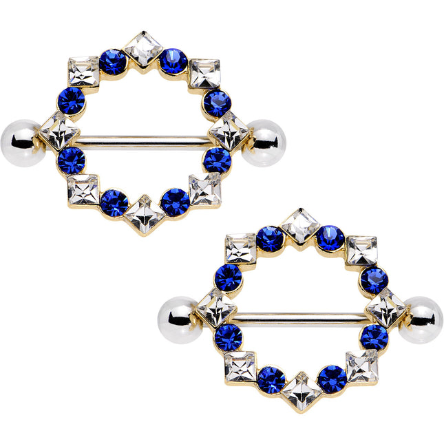 14G 3/4 Clear Blue Gem Crowned Monarch Nipple Shield Set