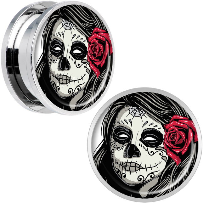 Katrina Sugar Skull with Rose Flower Steel Screw Fit Plug Set 20mm