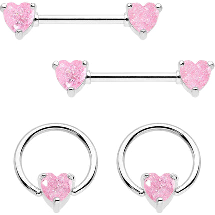 14G Pink CZ Gem Heart Captive Ring Barbell Nipple Ring Set
