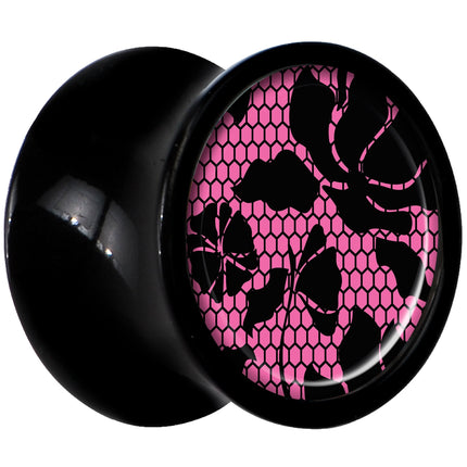Black Acrylic Pink Floral Lace Saddle Plug Set 0G