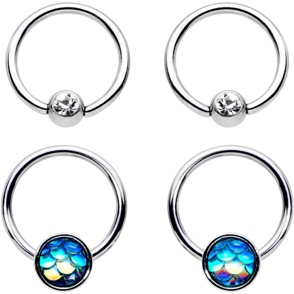 14G Clear Gem Mermaid Scale BCR Captive Nipple Ring Set of 4