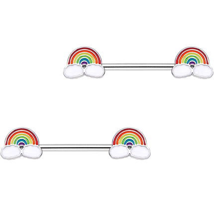 14G 9/16 No Rain Rainbow Barbell Nipple Ring Set