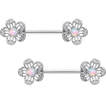 White Synthetic Opal Frozen Flower Barbell Nipple Ring Set