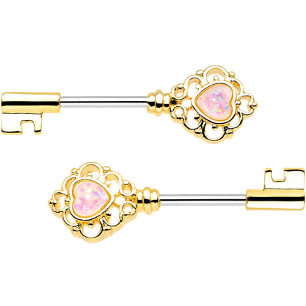 1/2 White Faux Opal Gold Tone Heart Key Barbell Nipple Ring Set