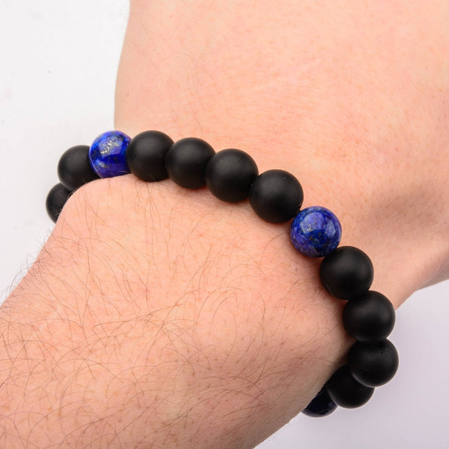 Mens Stainless Steel Lapis and Black Onyx Beads Bracelet