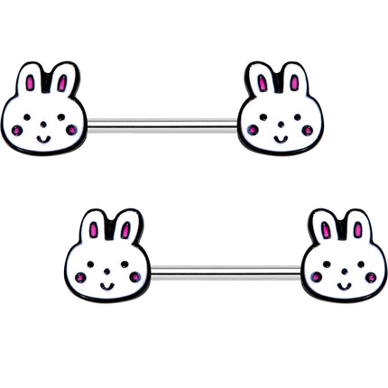 14G 5/8 White Bunny Rabbit Heads Barbell Nipple Ring Set