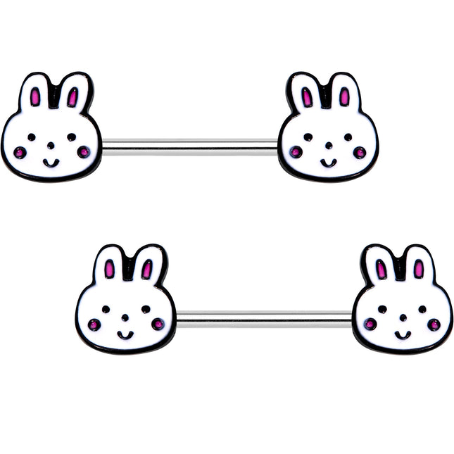 14G 5/8 White Bunny Rabbit Heads Barbell Nipple Ring Set