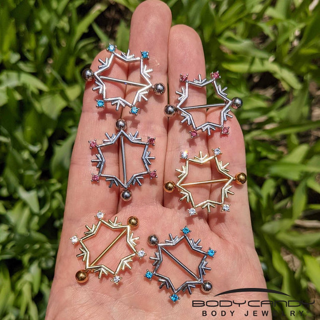 14G 3/4 Aqua Gem Snowflake Christmas Nipple Shield Set