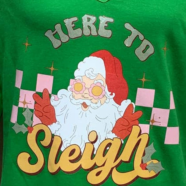 Upcycled Hand Printed Large Christmas Santa Claus Here to Sleigh 3/4 Sleeve Tee