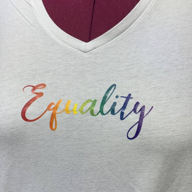Hand Printed Upcycled Womens 3X Equality Rainbow Pride Cotton Blend V-Neck Tee