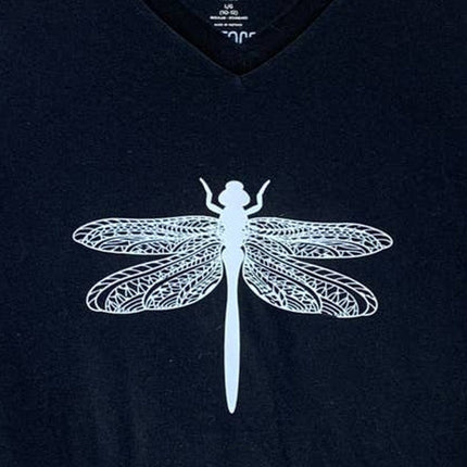 Hand Printed Upcycled Child Large (10/12) Dragonfly Short Sleeve V-Neck Tee