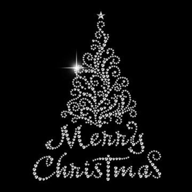 New Large Hand Pressed Merry Christmas Rhinestone 3/4 Sleeve Cotton V-Neck Tee