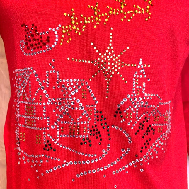 New Small Hand Printed Merry Christmas Rhinestone 3/4 Sleeve Cotton V-Neck Tee