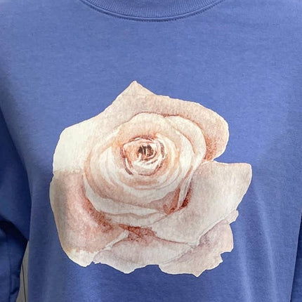 Hand Printed Upcycled Medium Rose Flower Long Sleeve Crew Neck Sweatshirt