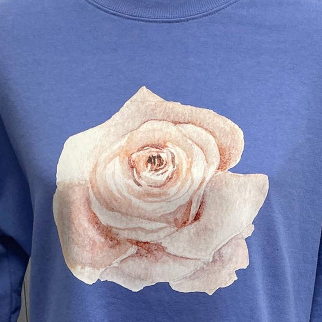 Hand Printed Upcycled Medium Rose Flower Long Sleeve Crew Neck Sweatshirt