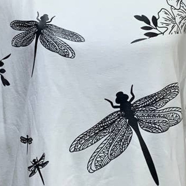 Hand Printed Upcycled Womens XL Dragonfly 100% Cotton Short Sleeve Crew Neck Tee