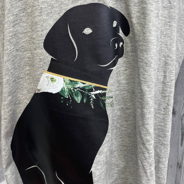 Hand Printed Upcycled XXL Black Lab Dog Puppy Floral Short Sleeve V-Neck Tee