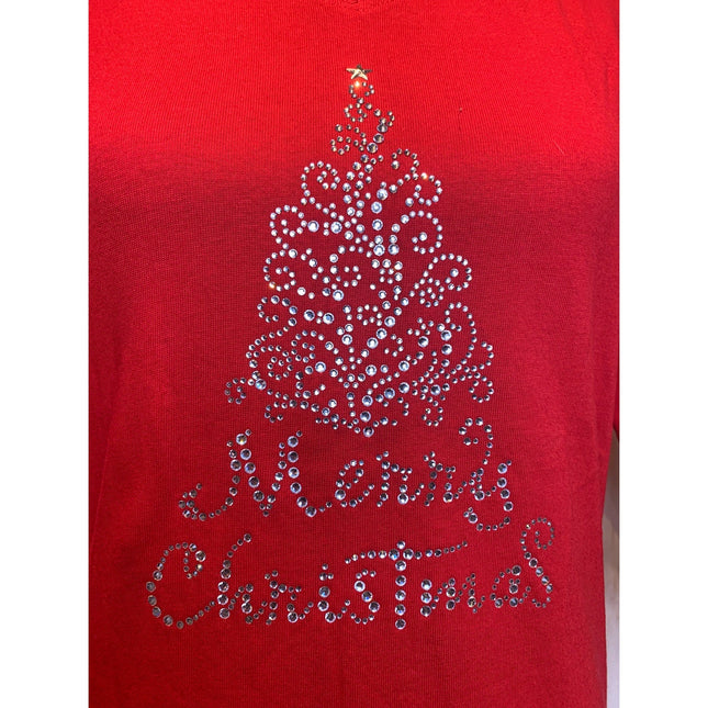 New Hand Printed Small Merry Christmas Tree Rhinestone 3/4 Sleeve Cotton Tee