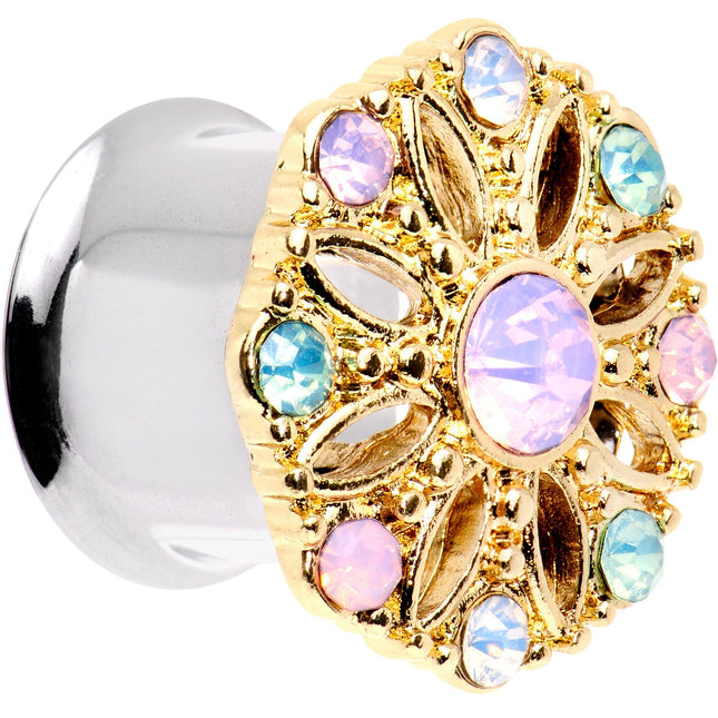 1/2 Pink Green White Gem Glam Flower Double Flare Tunnel Plug Set