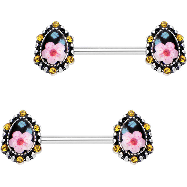 9/16 Orange Gem Framed Flower Brooch Barbell Nipple Ring Set