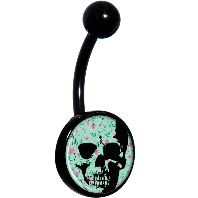 Green Pink Floral Skull Black Belly Ring