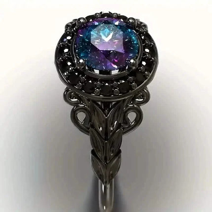 Vintage Gothic Style Synthetic Rainbow Stone Ring with Imitation Black Zirconia