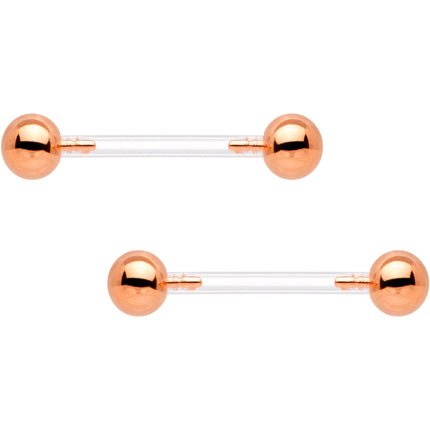 Clear Bioplast Barbell Rose Gold Tone Push In Ball Nipple Ring Set