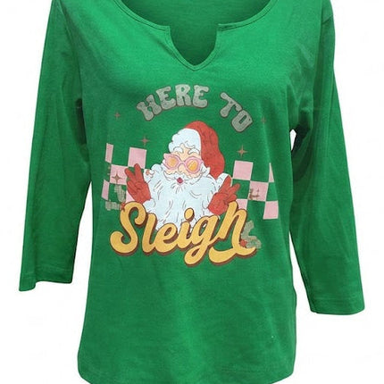 Upcycled Hand Printed Large Christmas Santa Claus Here to Sleigh 3/4 Sleeve Tee