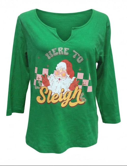 Upcycled Hand Printed Large Christmas Santa Claus Here to Sleigh 3/4 Sleeve Tee