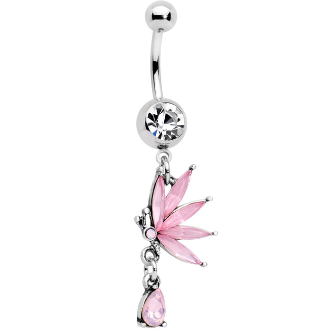 Clear Pink Gem Flower Fan Dangle Belly Ring