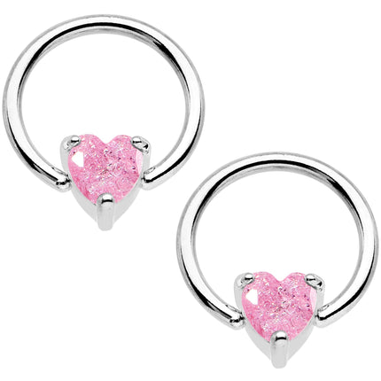 14G Pink CZ Gem Heart Captive Ring Barbell Nipple Ring Set