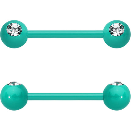 14G 5/8 Clear Gem Green Acrylic Over Steel Nipple Barbell Set