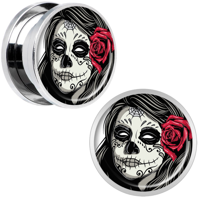 Katrina Sugar Skull with Rose Flower Steel Screw Fit Plug Set 5/8