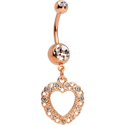 Clear Gem Rose Gold Tone Anodized Lacey Hollow Heart Dangle Belly Ring
