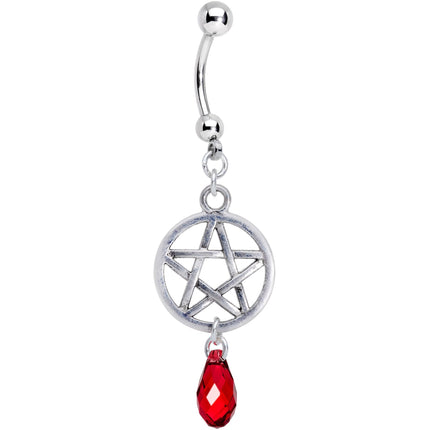 Red Gem Pentagram Dangle Belly Ring Created with Crystals