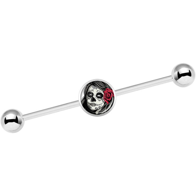 14G Katrina Sugar Skull with Rose Flower Industrial Barbell 37mm