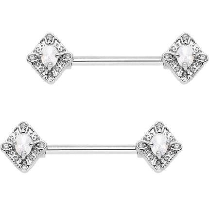 9/16 Clear White Gem Rococo Rhombus Barbell Nipple Ring Set