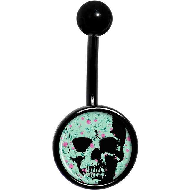Green Pink Floral Skull Black Belly Ring